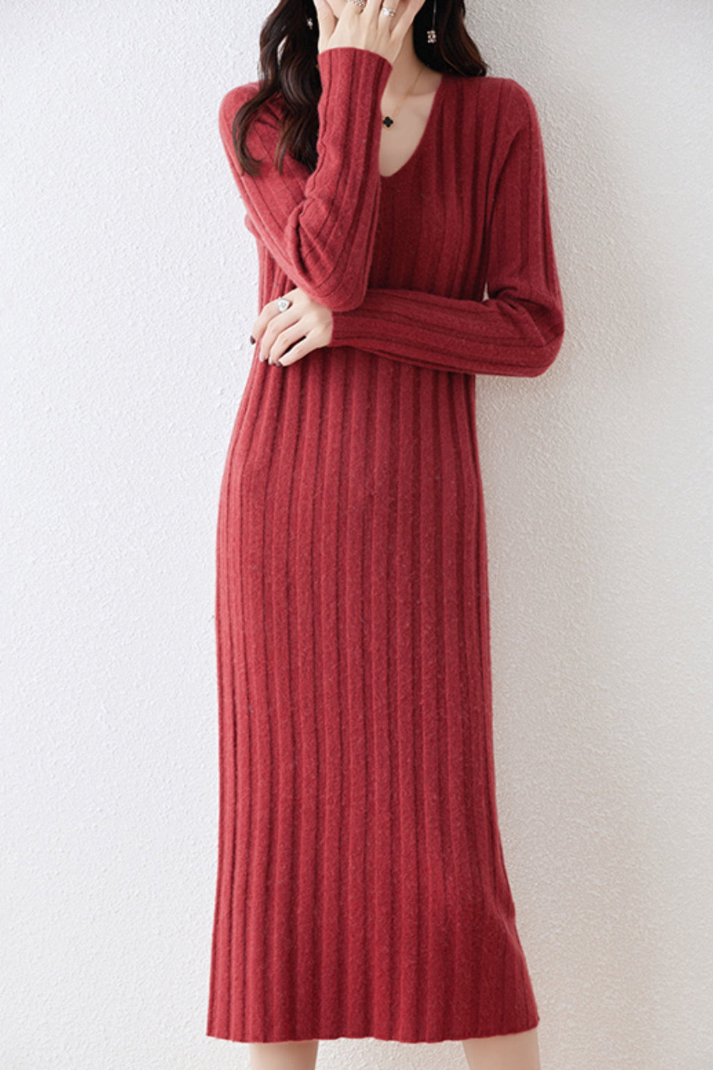 100% Merino Wool Long Sleeve Wide-Rib Midi Sweater Dress