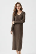 100% Merino Wool Long Sleeve Wide-Rib Midi Sweater Dress