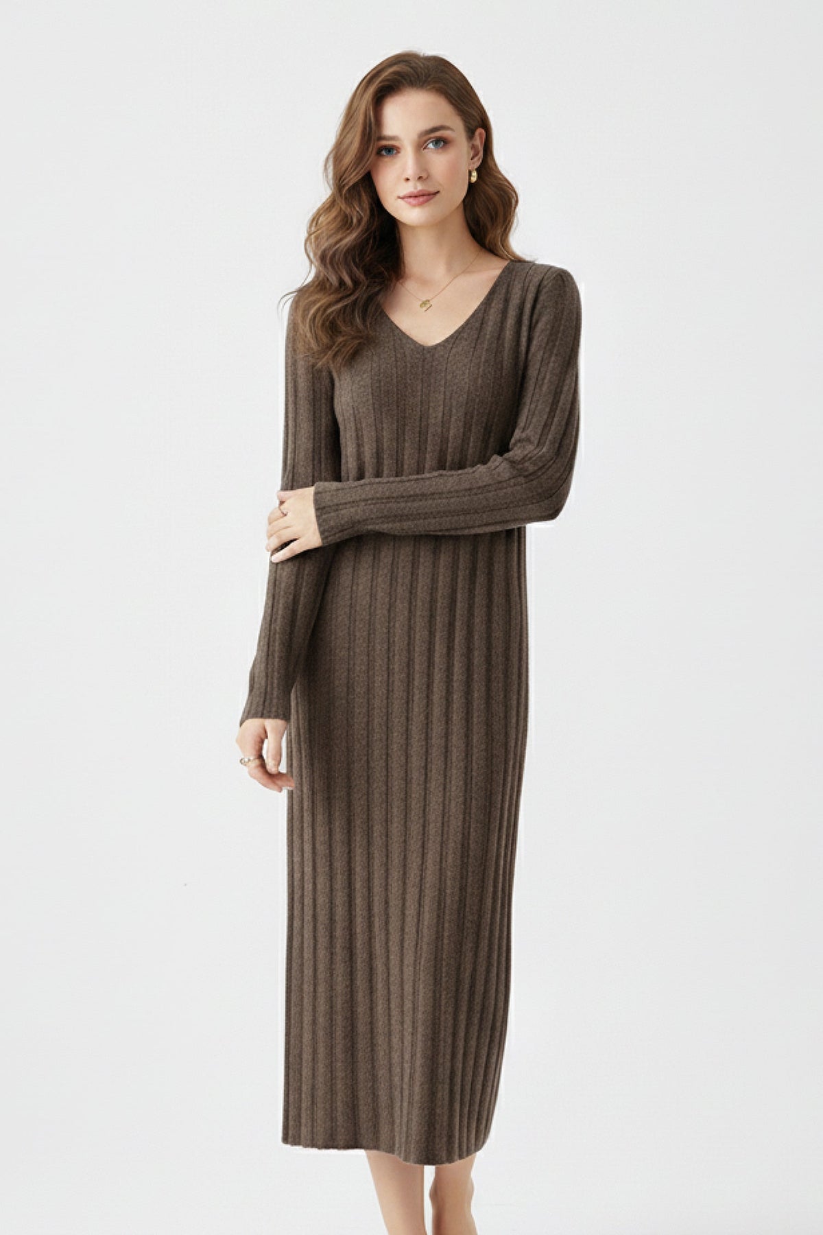 100% Merino Wool Long Sleeve Wide-Rib Midi Sweater Dress