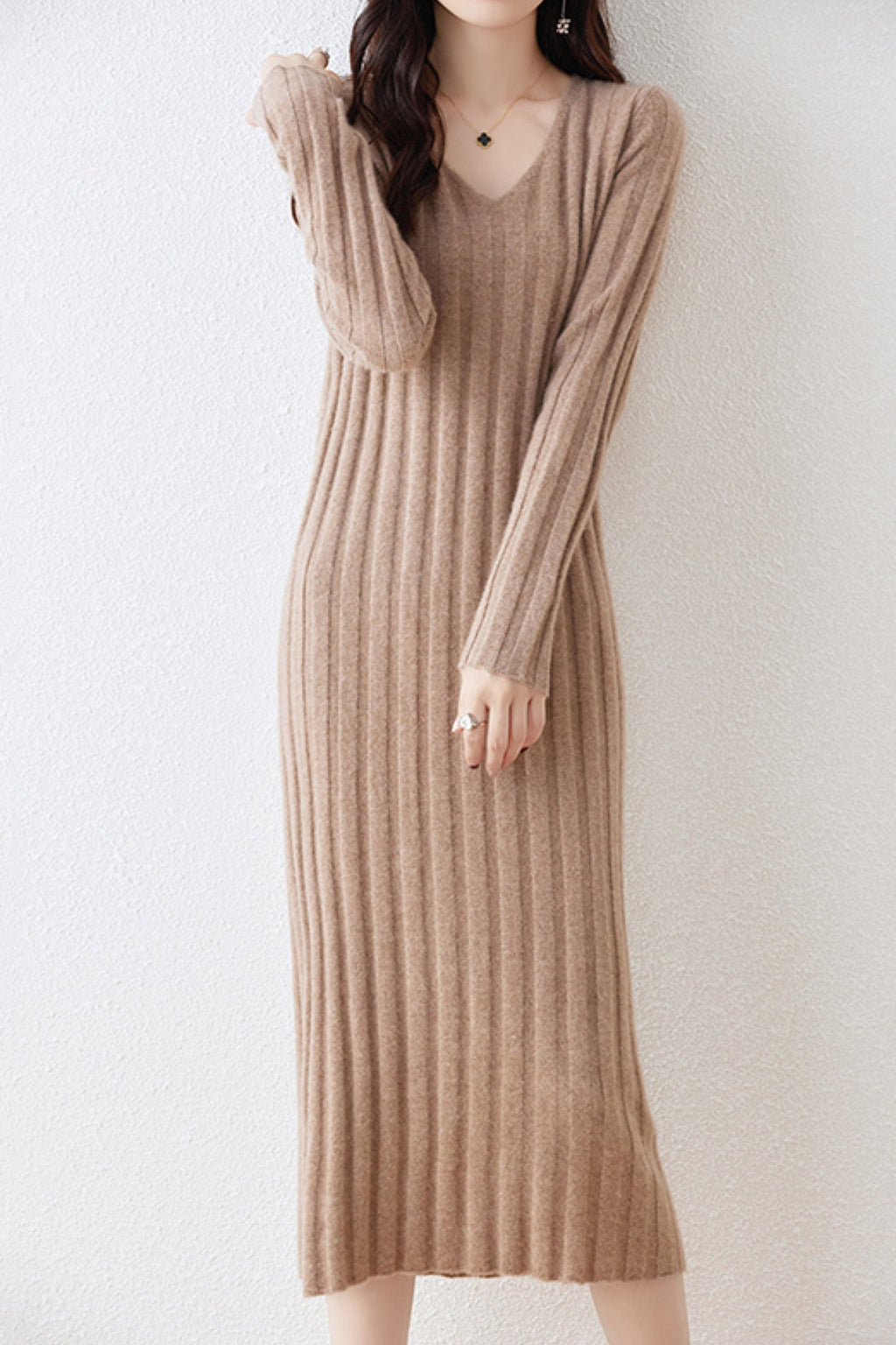 100% Merino Wool Long Sleeve Wide-Rib Midi Sweater Dress