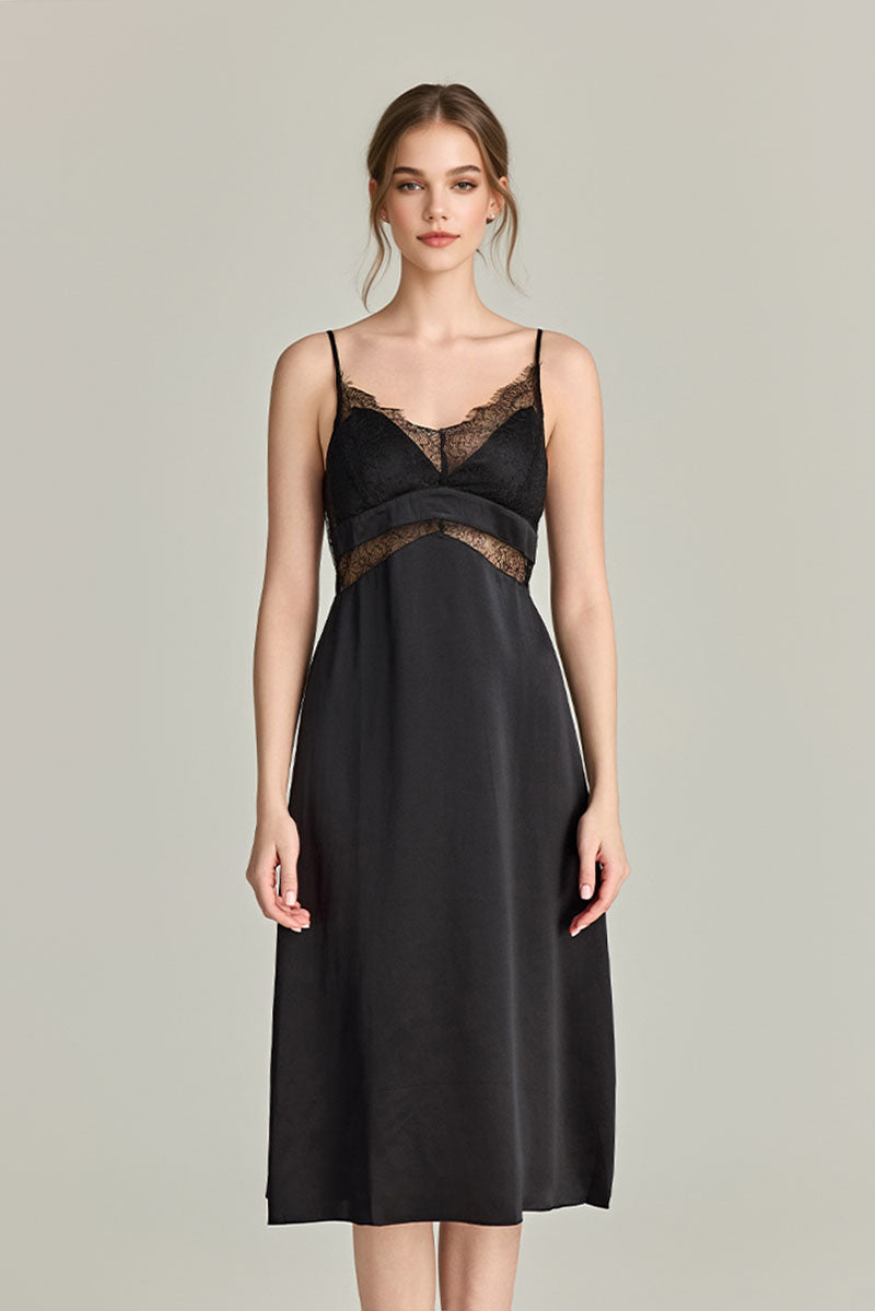 100% Mulberry Silk Lace-Trim V-Neck Midi Slip Dress