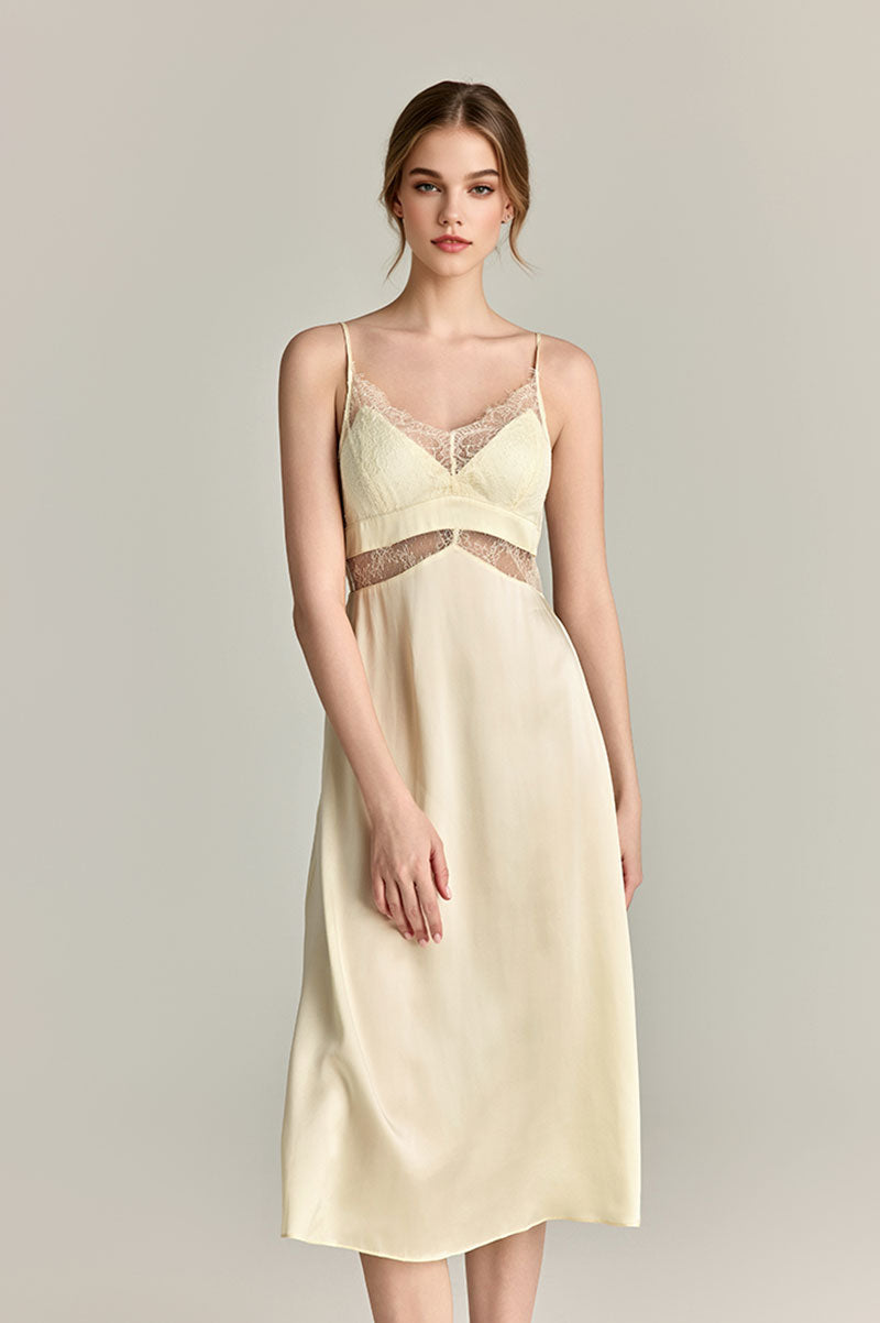 100% Mulberry Silk Lace-Trim V-Neck Midi Slip Dress