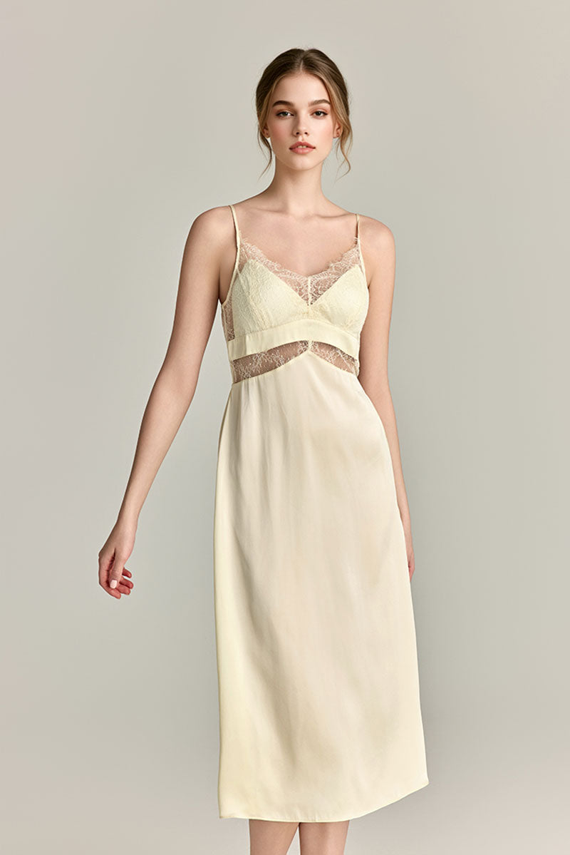 100% Mulberry Silk Lace-Trim V-Neck Midi Slip Dress