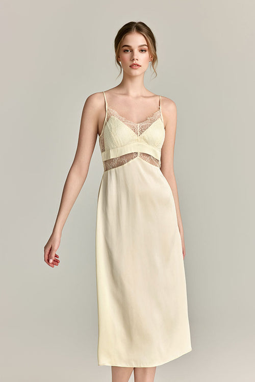 100% Mulberry Silk Lace-Trim V-Neck Midi Slip Dress
