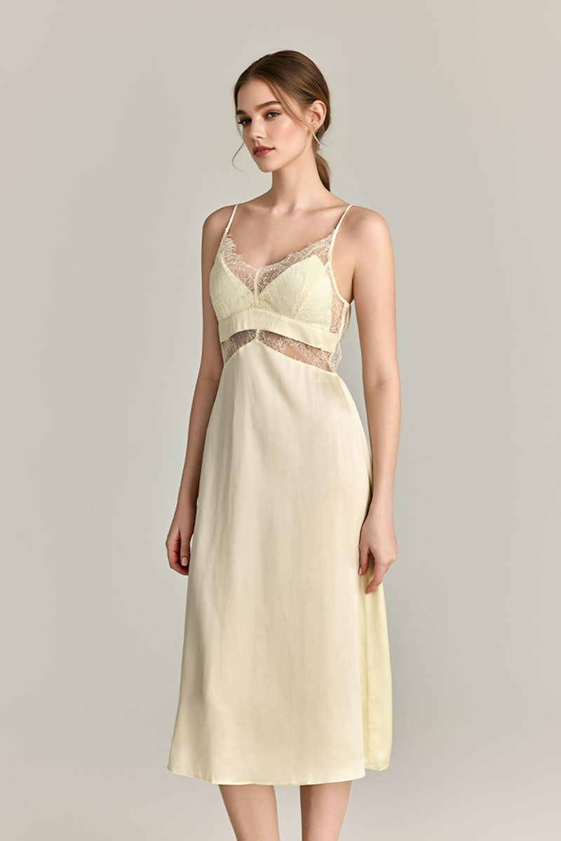 100% Mulberry Silk Lace-Trim V-Neck Midi Slip Dress