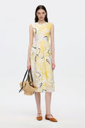 100% Ramie Floral Print Sleeveless Midi Dress