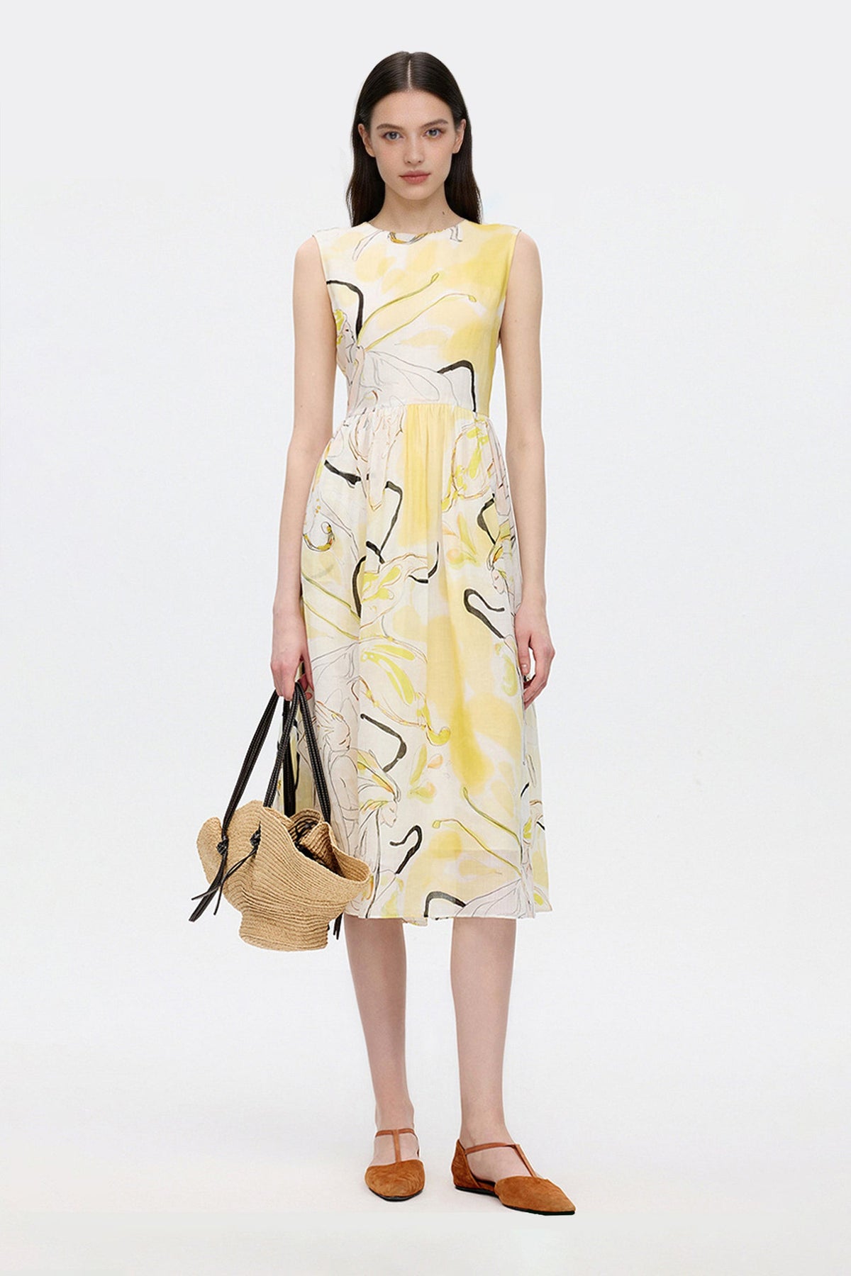 100% Ramie Floral Print Sleeveless Midi Dress