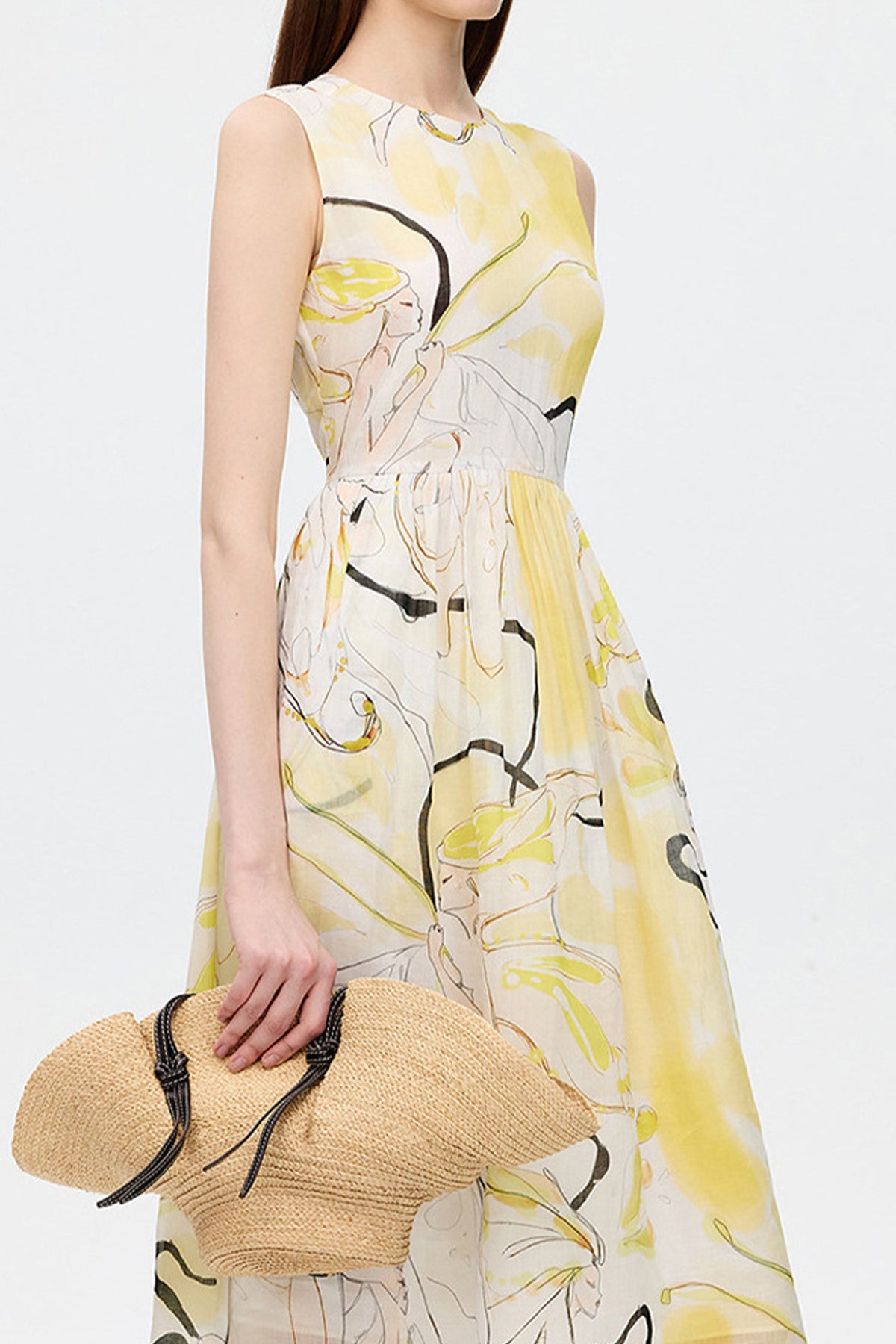 100% Ramie Floral Print Sleeveless Midi Dress