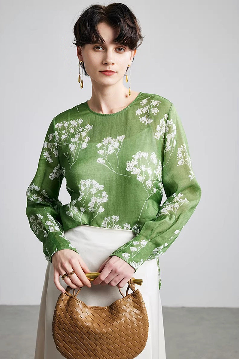 100% Ramie Green Floral Long Sleeve Blouse