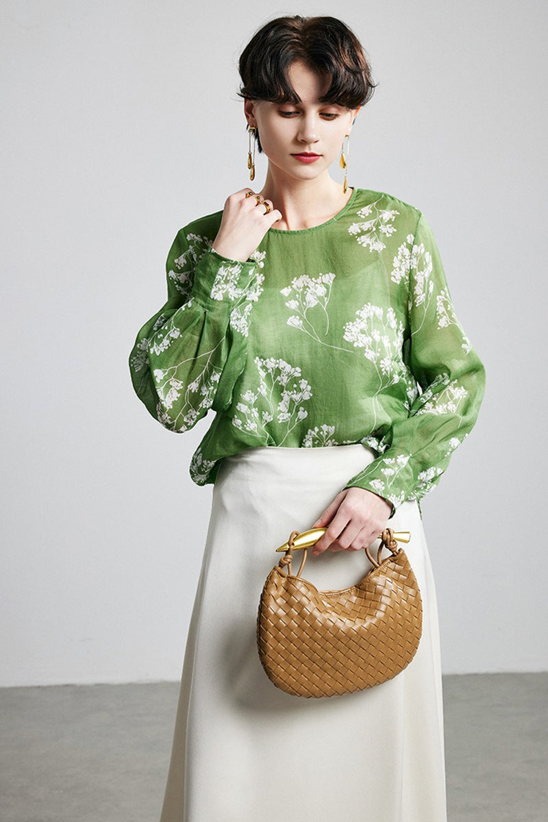 100% Ramie Green Floral Long Sleeve Blouse