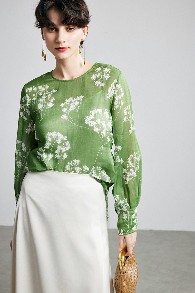 100% Ramie Green Floral Long Sleeve Blouse