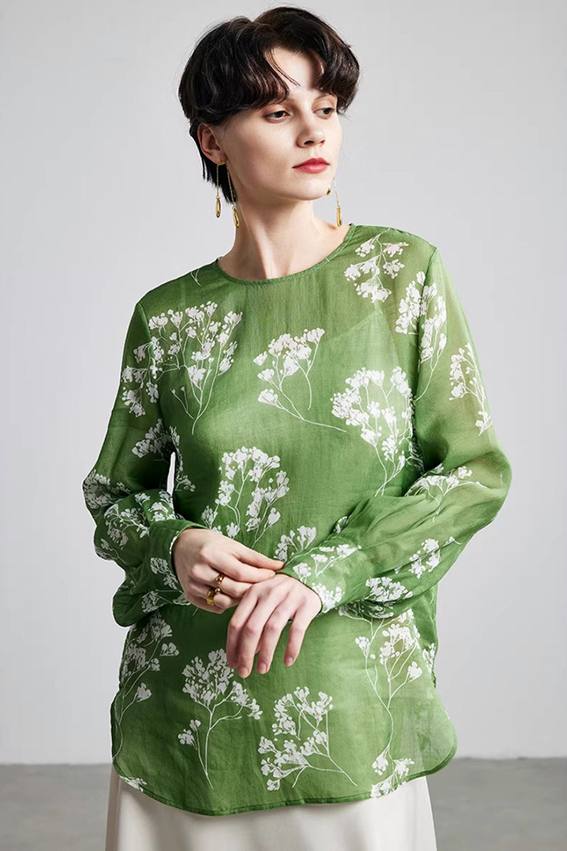 100% Ramie Green Floral Long Sleeve Blouse
