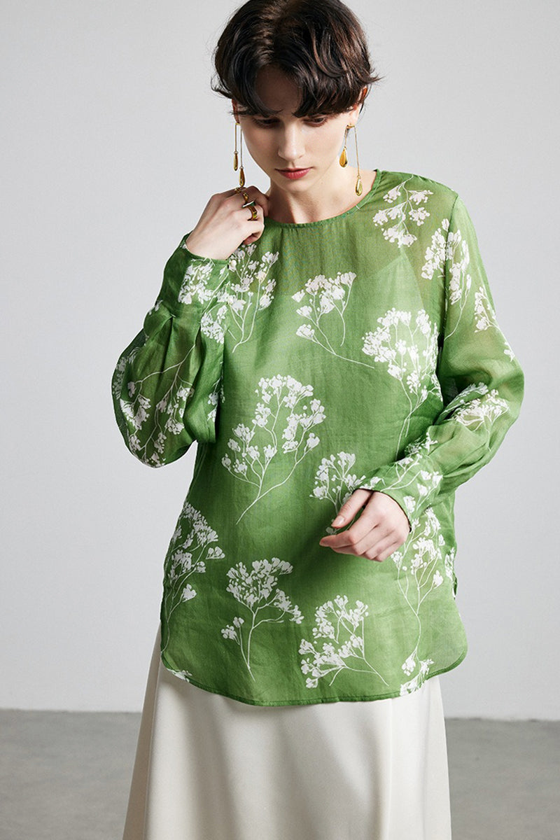 100% Ramie Green Floral Long Sleeve Blouse