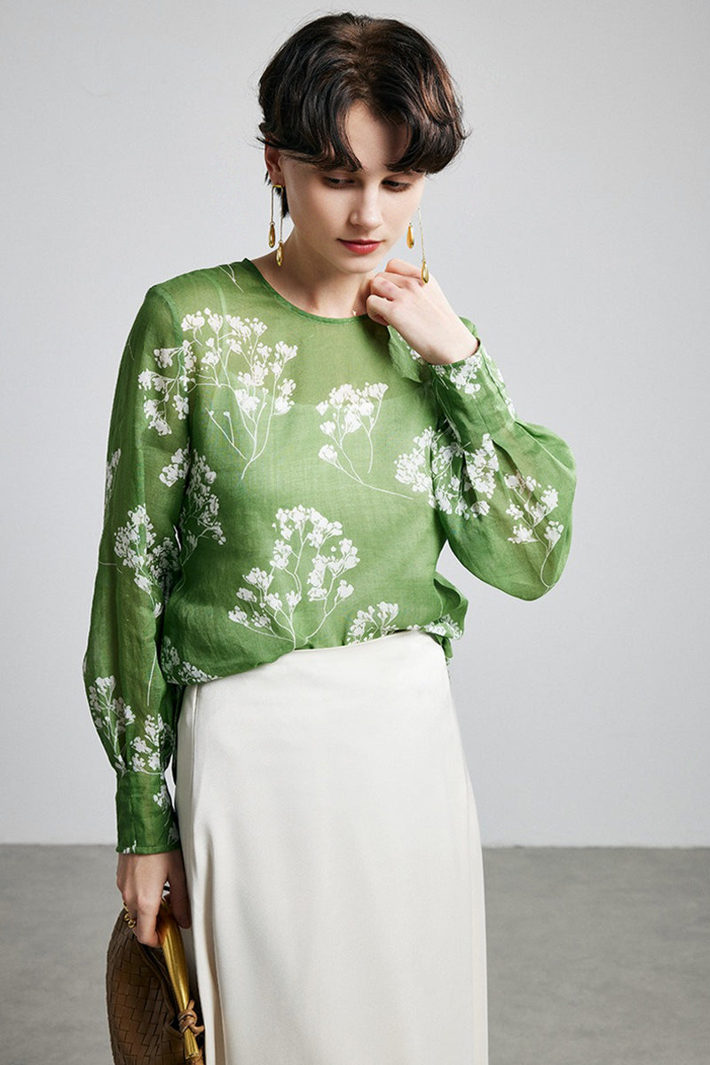 100% Ramie Green Floral Long Sleeve Blouse