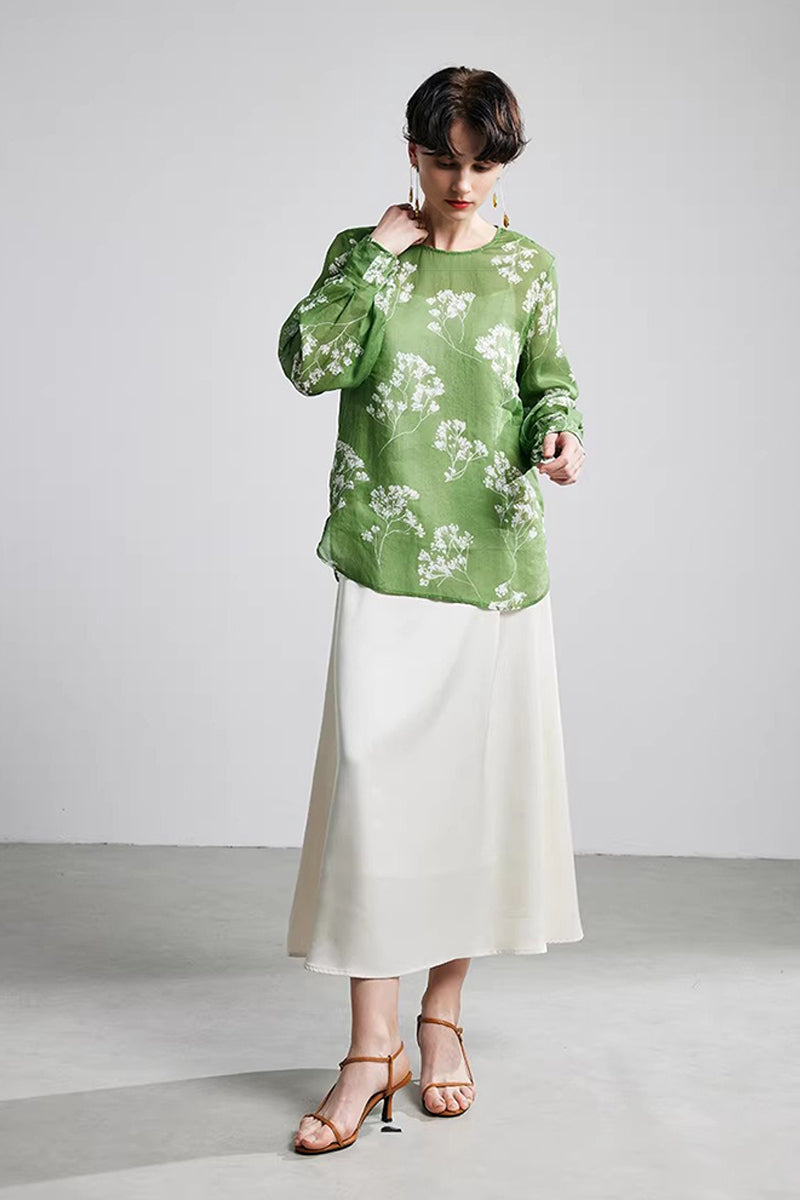 100% Ramie Green Floral Long Sleeve Blouse