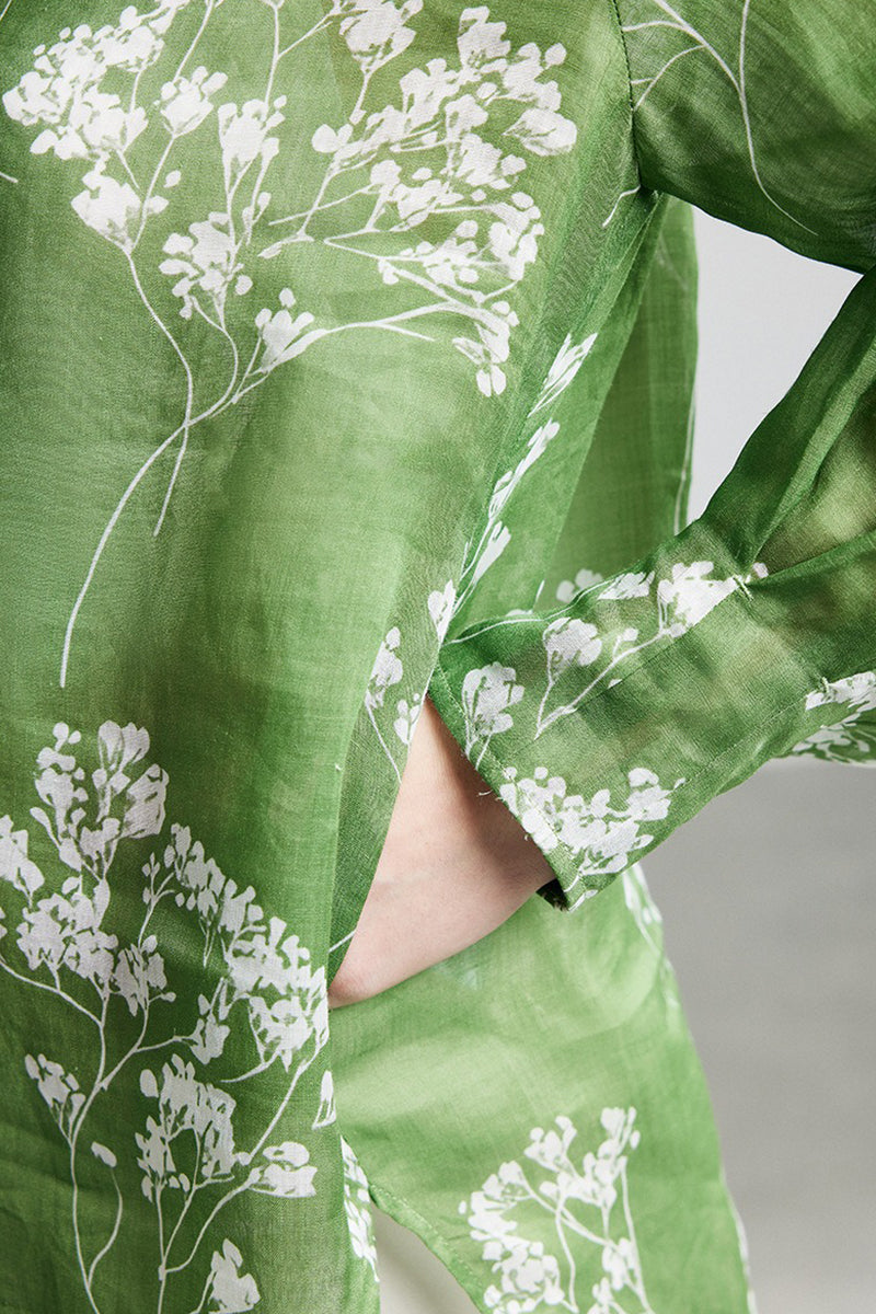 100% Ramie Green Floral Long Sleeve Blouse