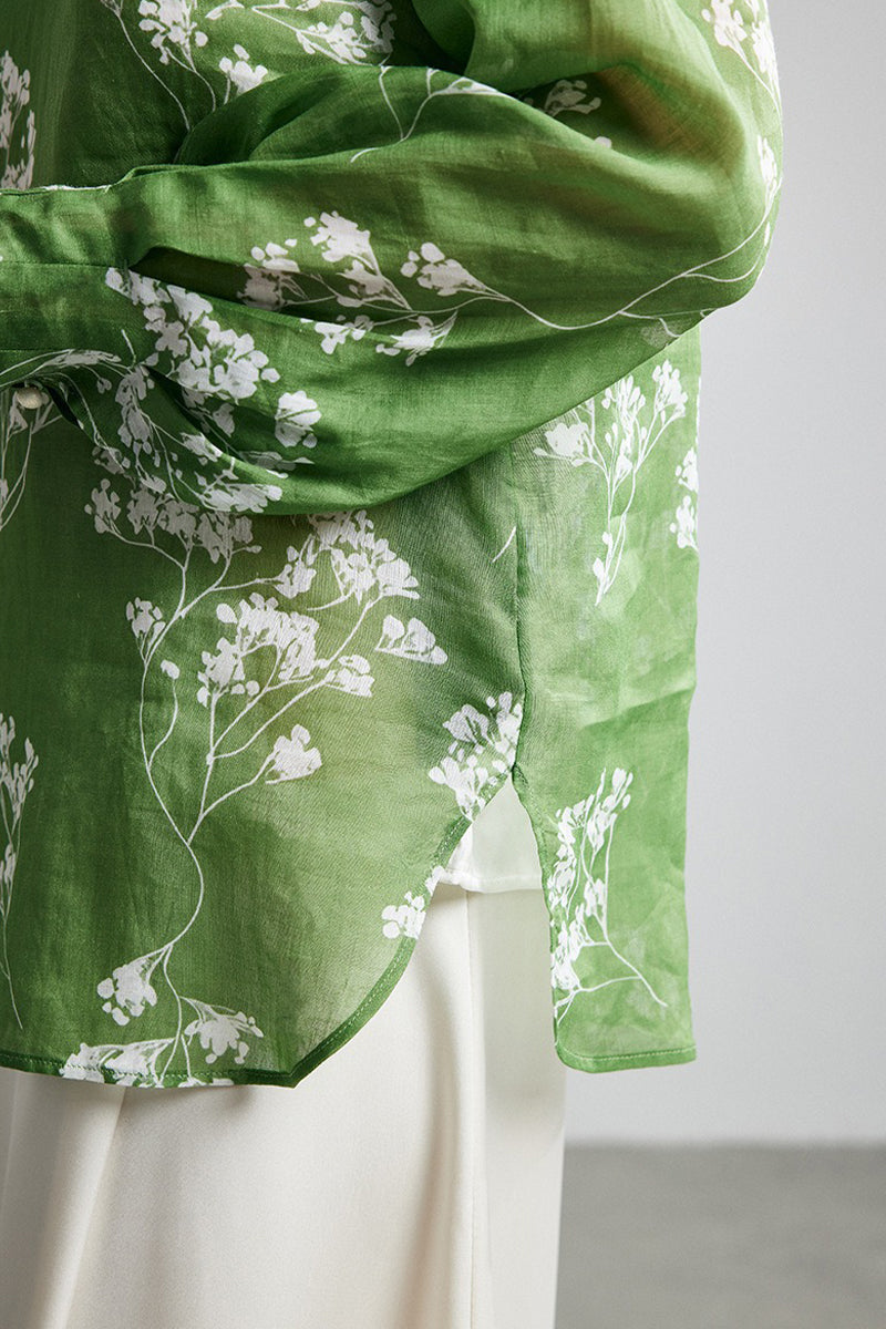 100% Ramie Green Floral Long Sleeve Blouse
