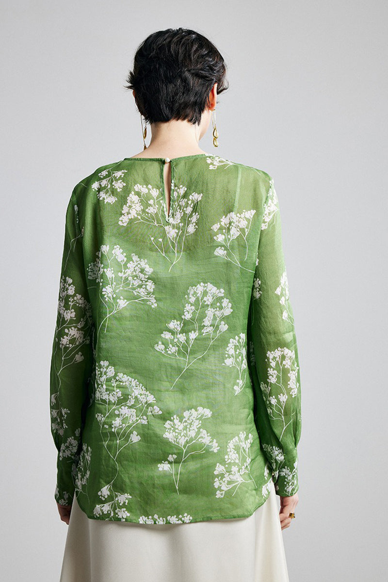 100% Ramie Green Floral Long Sleeve Blouse