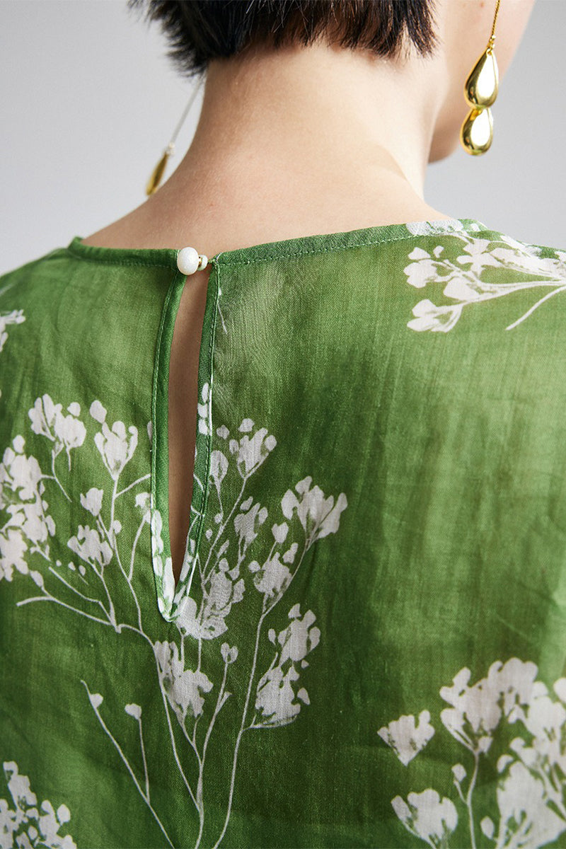 100% Ramie Green Floral Long Sleeve Blouse