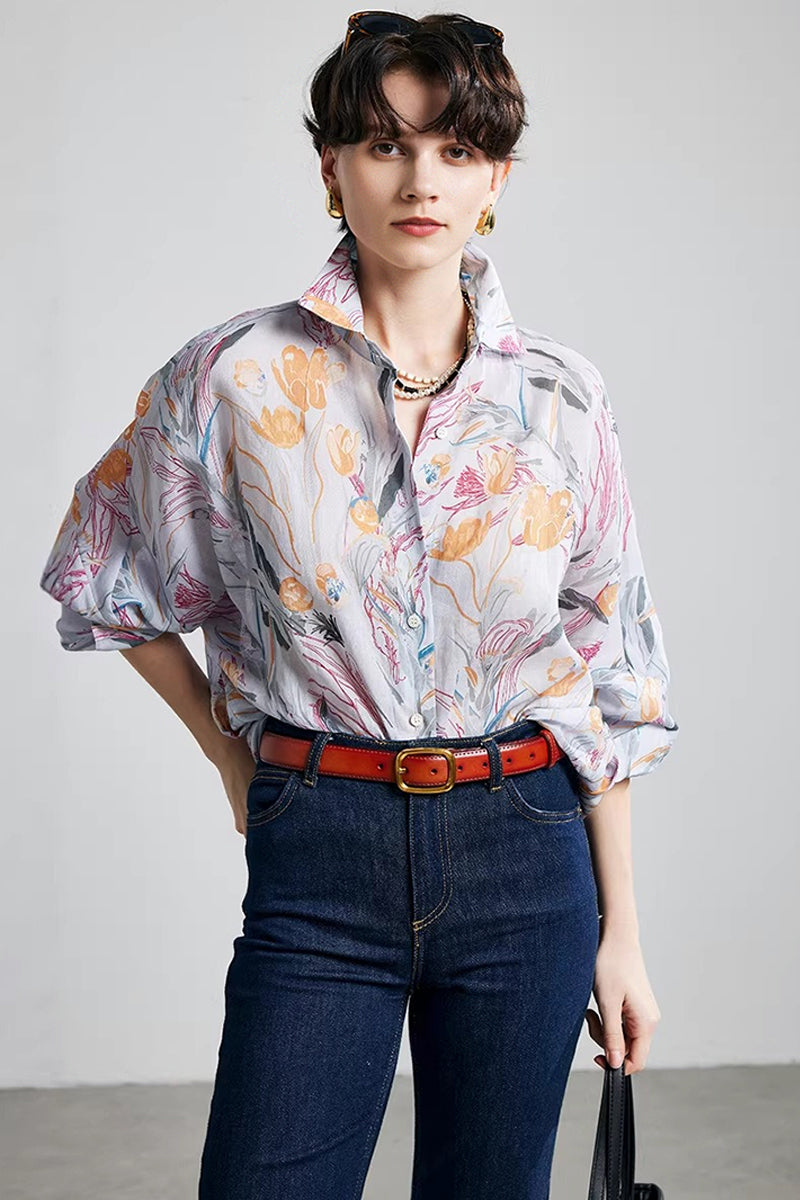 100% Ramie Grey Floral Button-Down Shirt