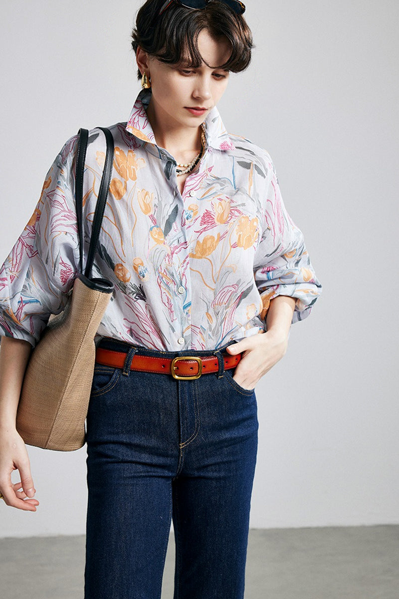 100% Ramie Grey Floral Button-Down Shirt