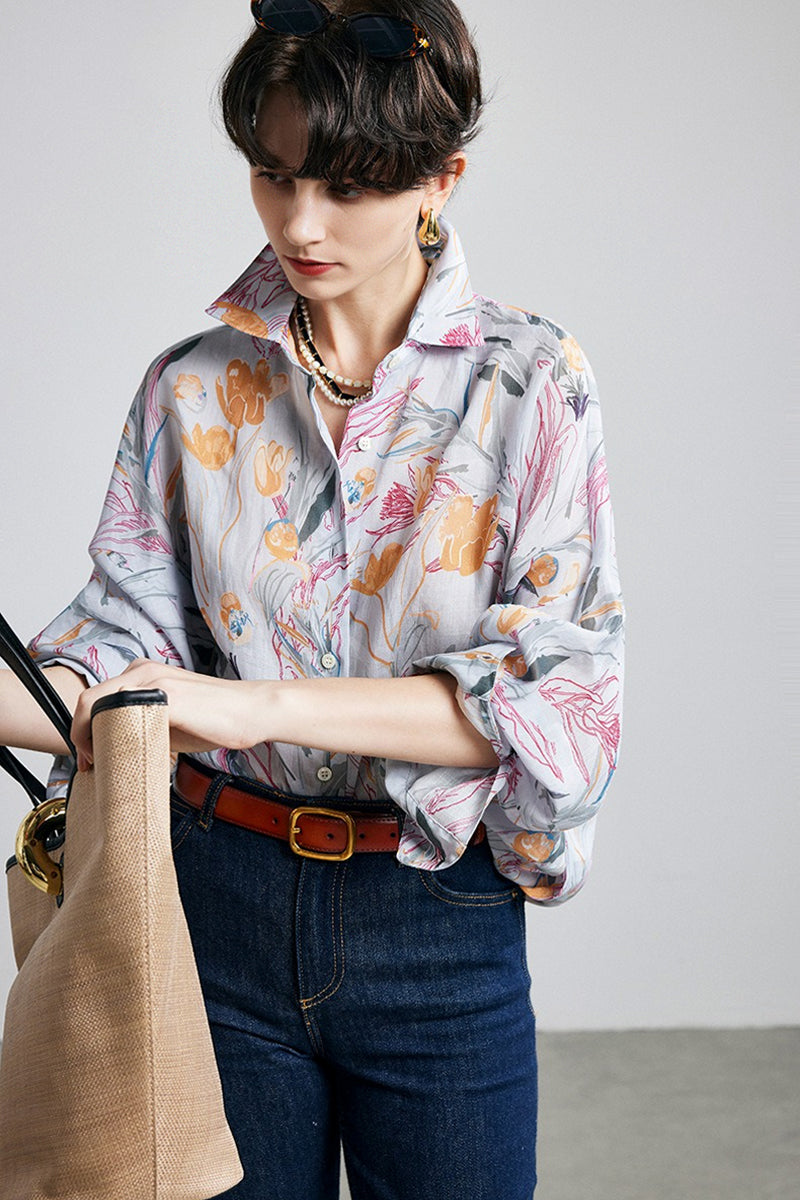 100% Ramie Grey Floral Button-Down Shirt