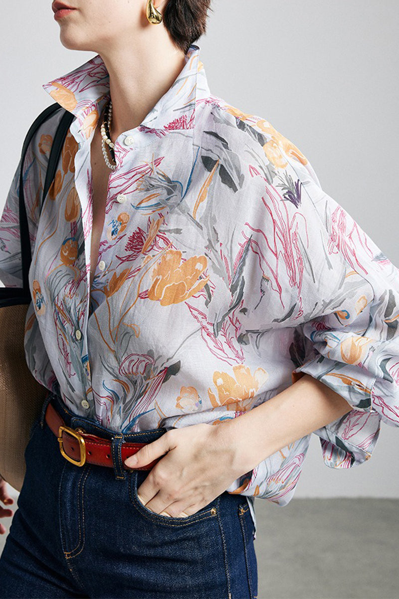 100% Ramie Grey Floral Button-Down Shirt