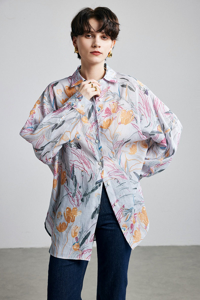 100% Ramie Grey Floral Button-Down Shirt