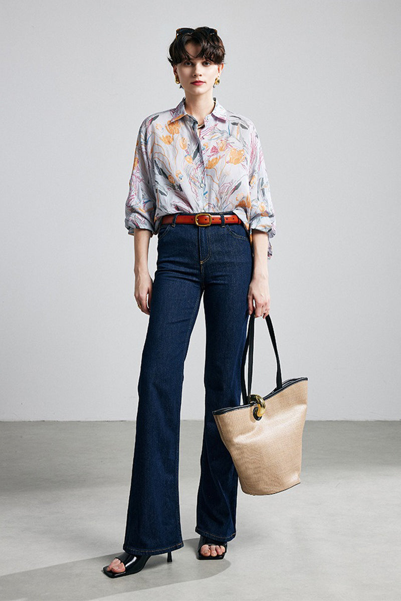 100% Ramie Grey Floral Button-Down Shirt