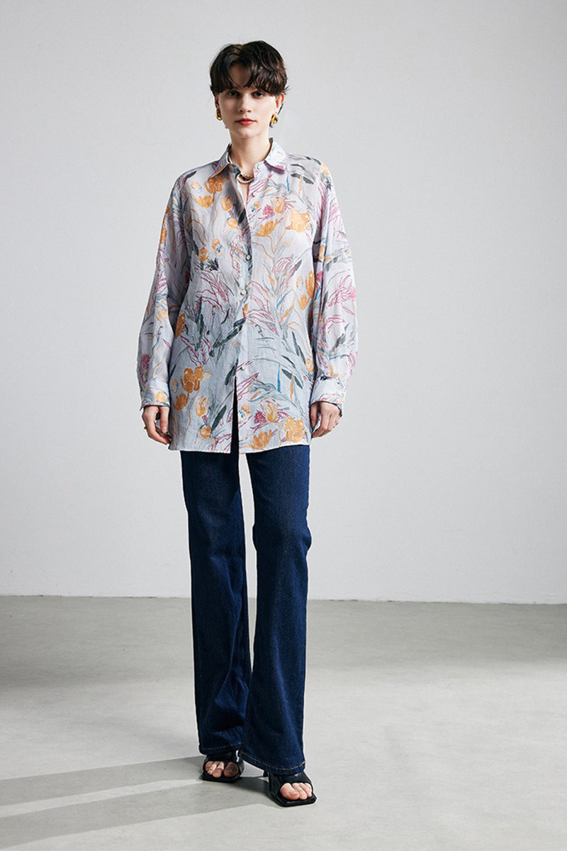 100% Ramie Grey Floral Button-Down Shirt