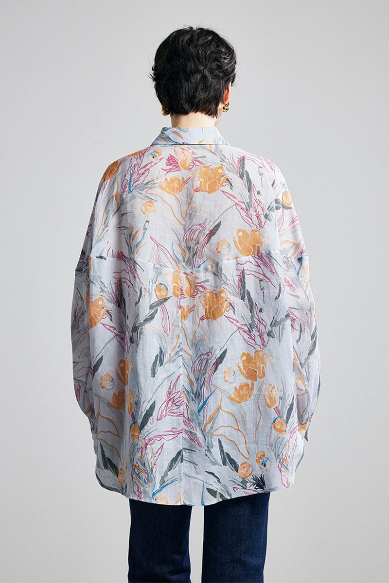100% Ramie Grey Floral Button-Down Shirt