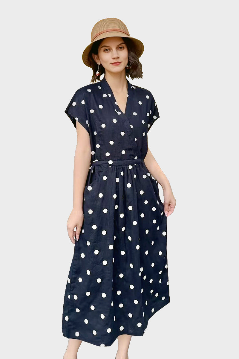 100% Ramie Polka Dot V-Neck Midi Dress