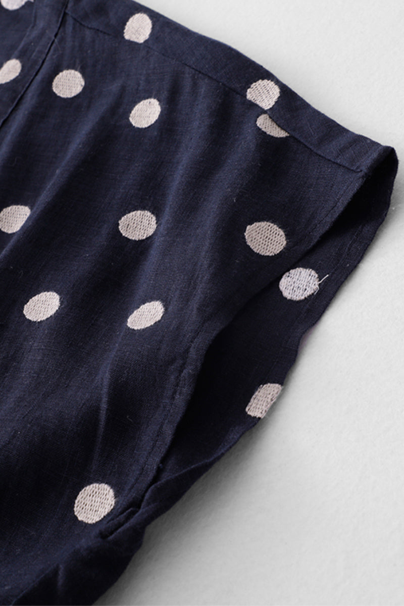 100% Ramie Polka Dot V-Neck Midi Dress