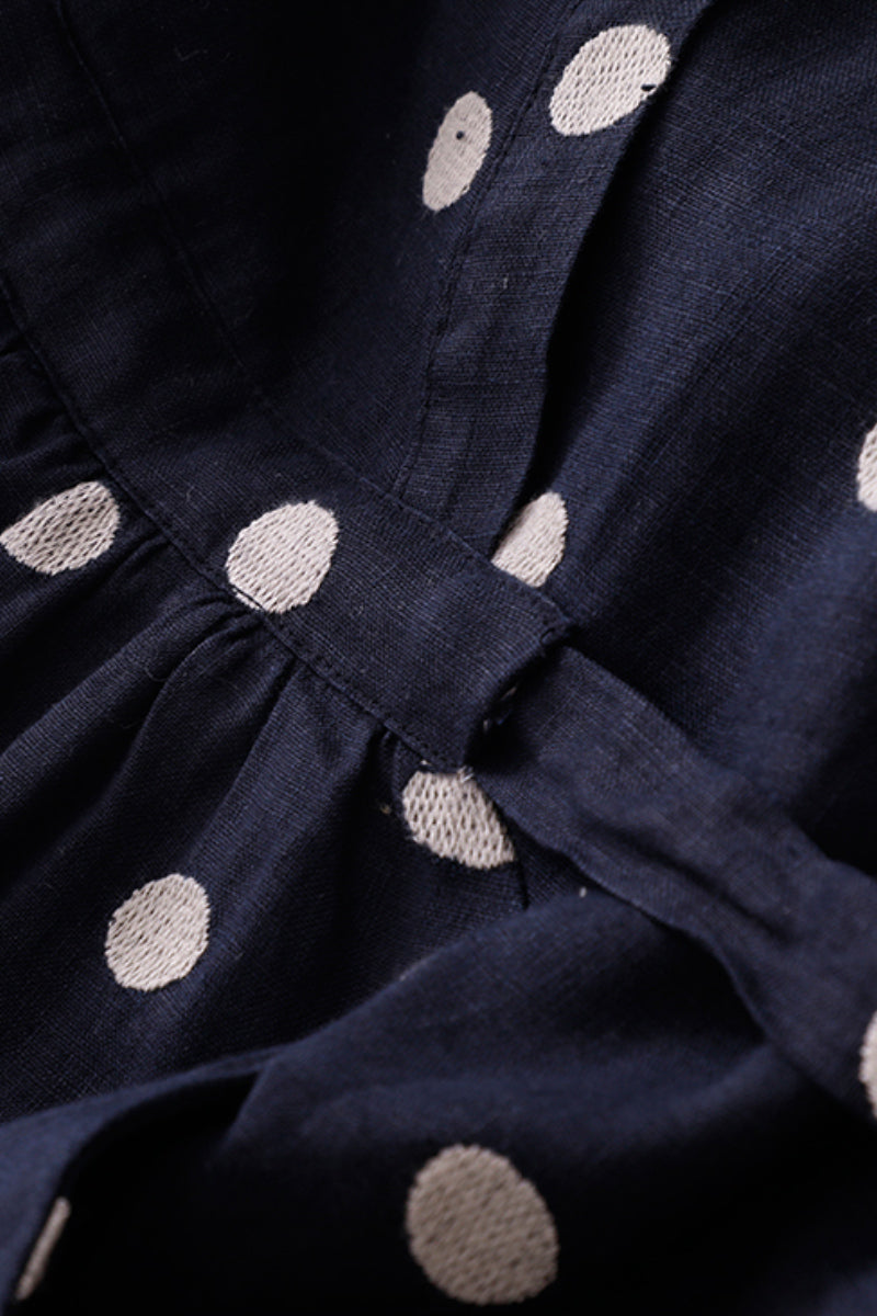 100% Ramie Polka Dot V-Neck Midi Dress