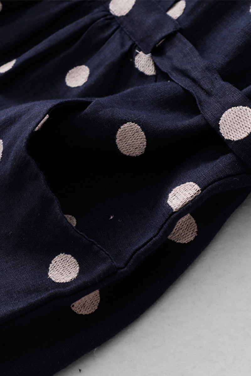 100% Ramie Polka Dot V-Neck Midi Dress