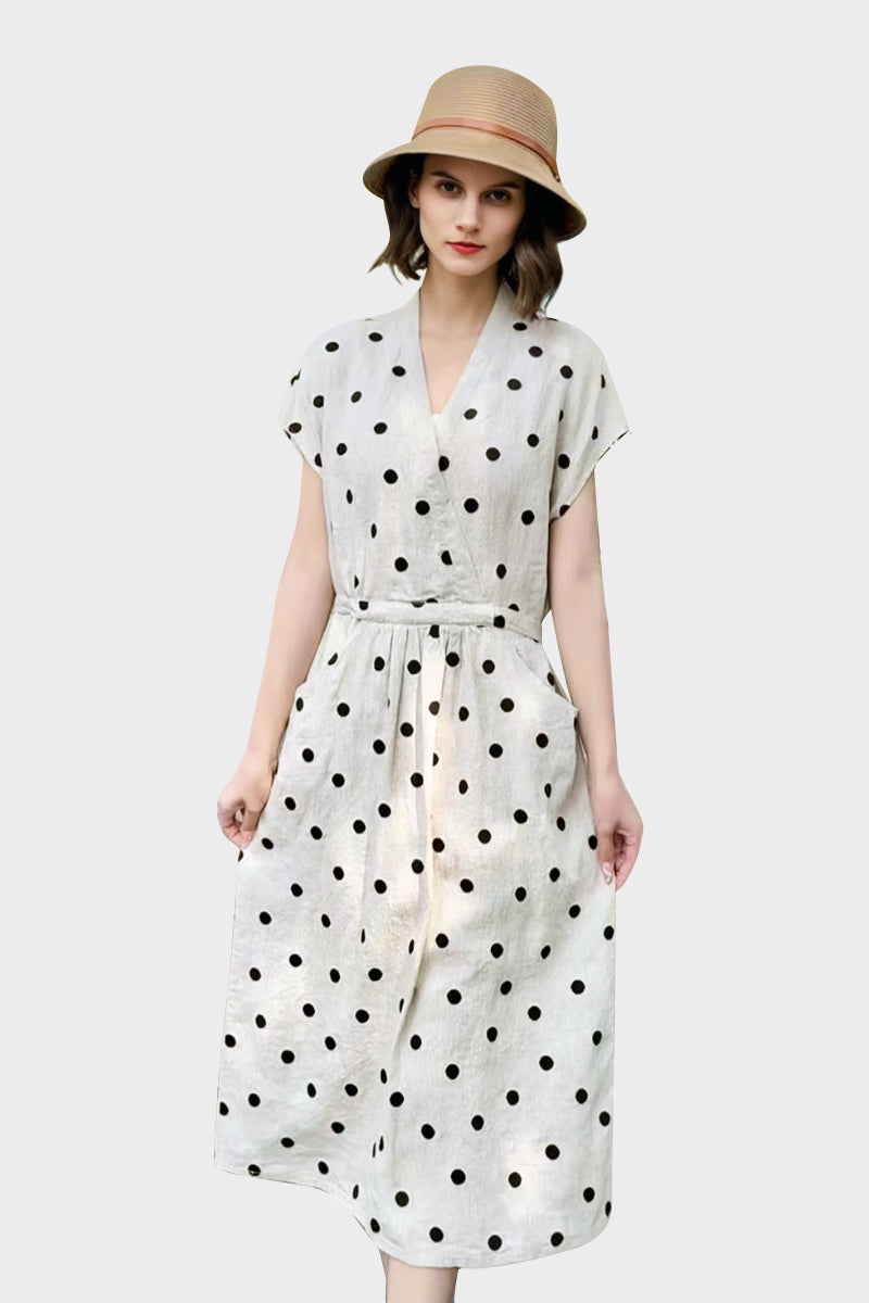 100% Ramie Polka Dot V-Neck Midi Dress