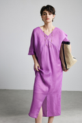 100% Ramie V-Neck Kimono Sleeve Midi Dress in Purple