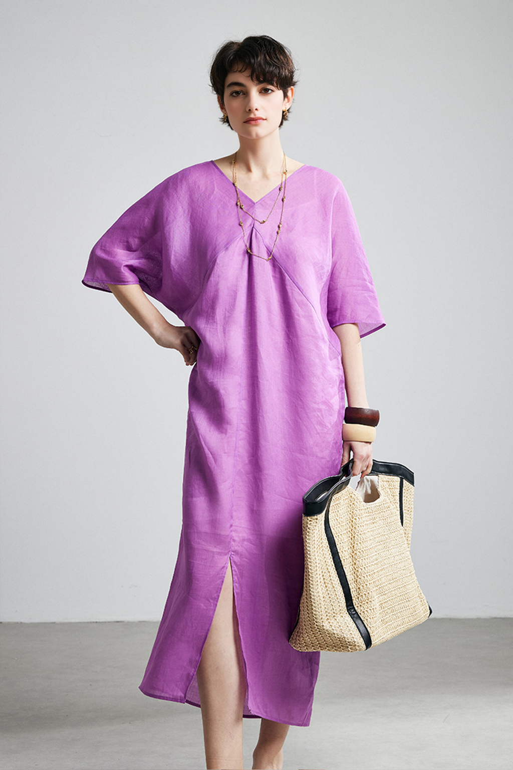 100% Ramie V-Neck Kimono Sleeve Midi Dress in Purple