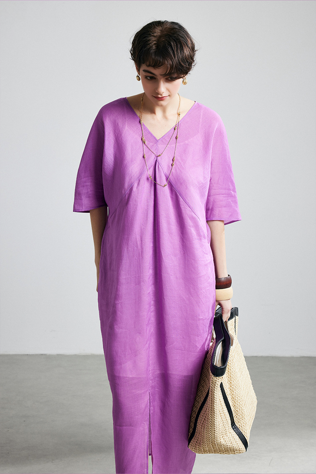 100% Ramie V-Neck Kimono Sleeve Midi Dress in Purple