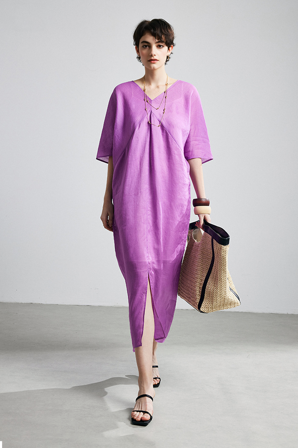100% Ramie V-Neck Kimono Sleeve Midi Dress in Purple