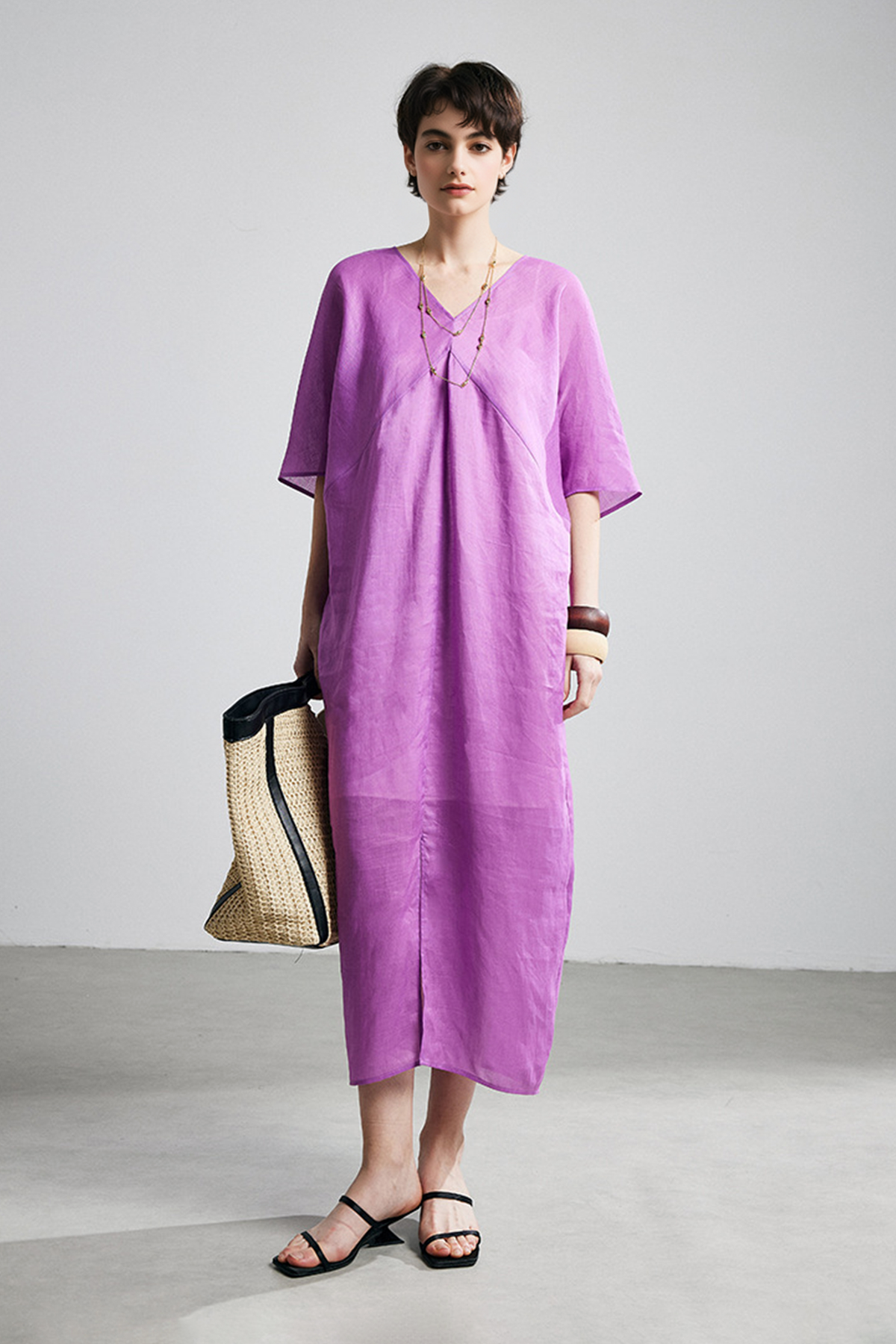 100% Ramie V-Neck Kimono Sleeve Midi Dress in Purple