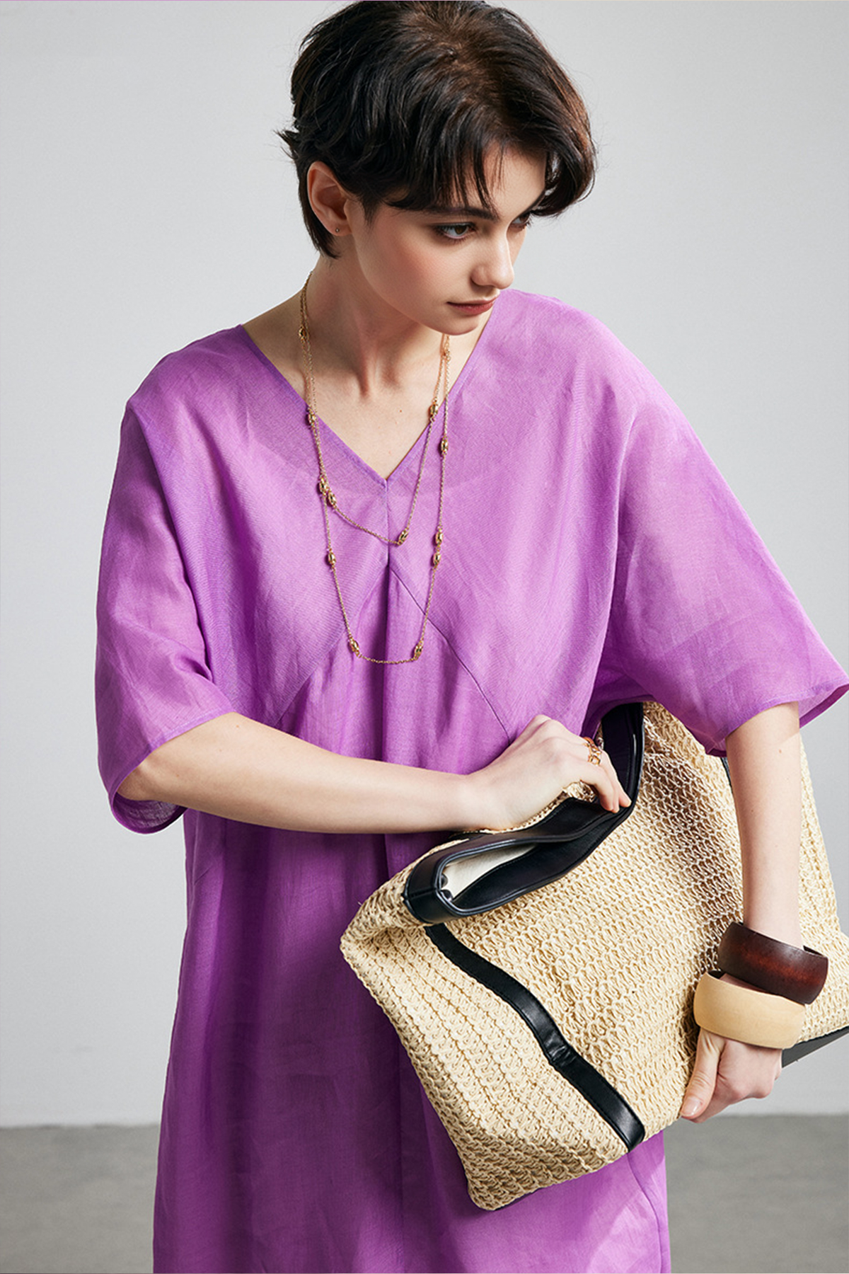 100% Ramie V-Neck Kimono Sleeve Midi Dress in Purple