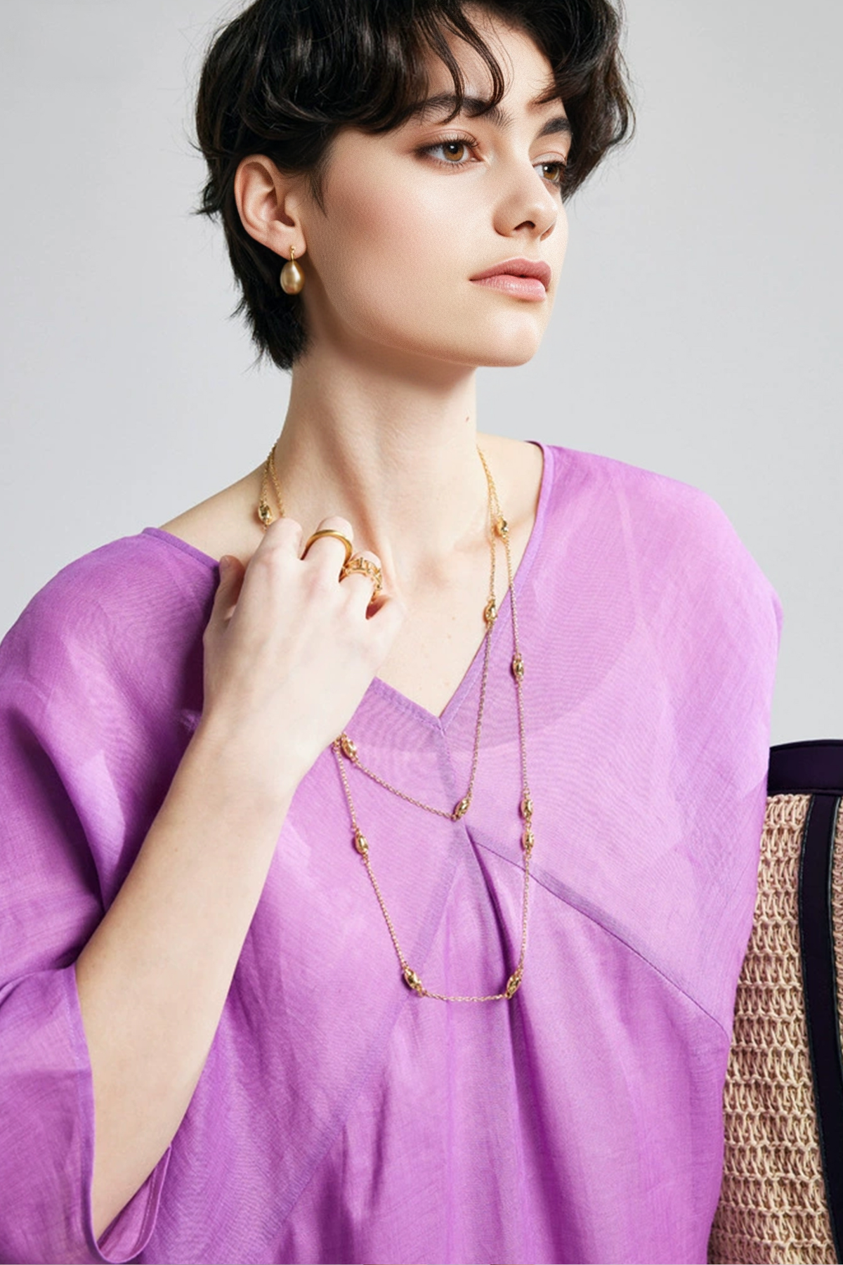 100% Ramie V-Neck Kimono Sleeve Midi Dress in Purple