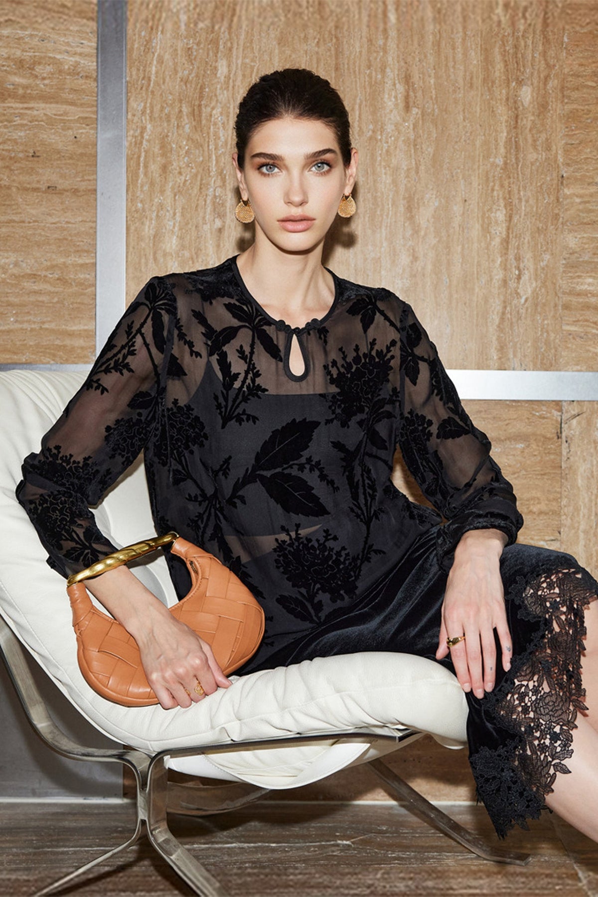 100% Sheer Silk Floral Burnout Velvet Blouse