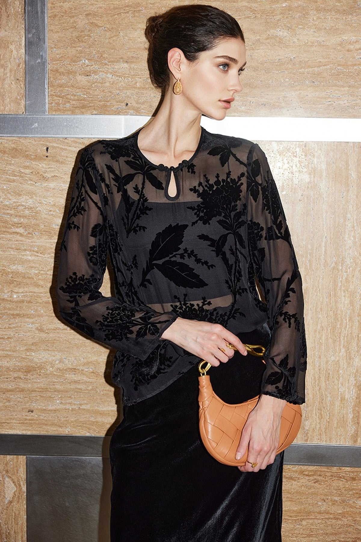 100% Sheer Silk Floral Burnout Velvet Blouse