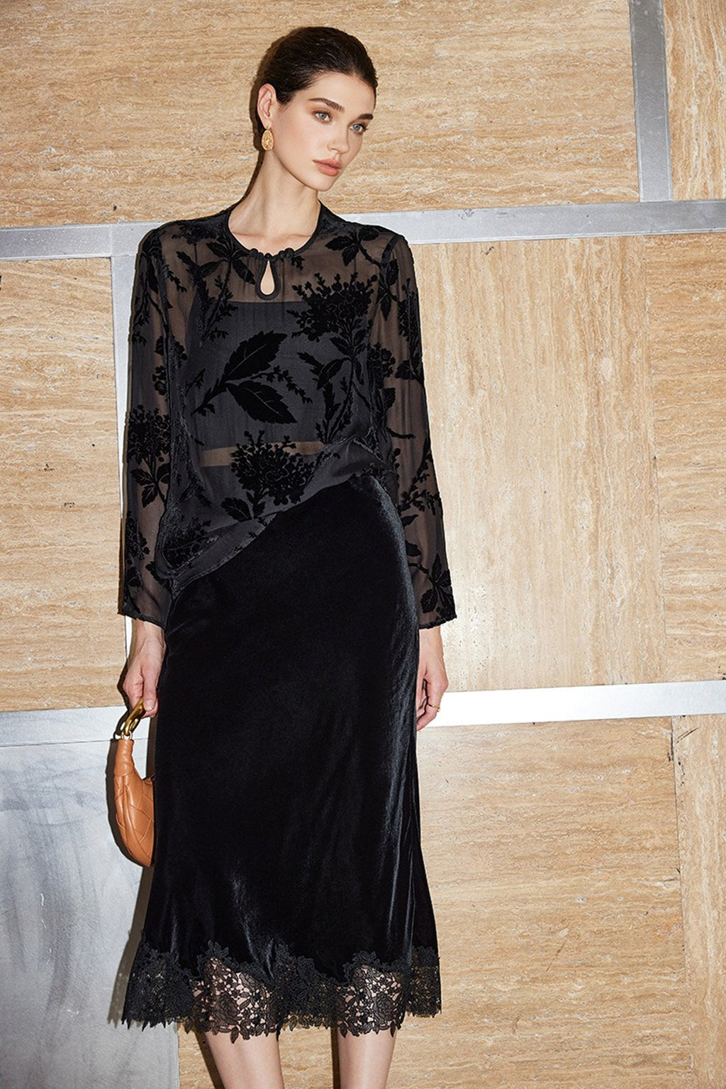 100% Sheer Silk Floral Burnout Velvet Blouse