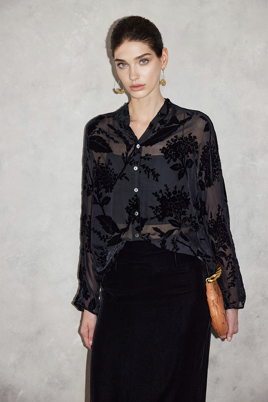 100% Sheer Silk Floral Burnout Velvet Button-Up Blouse