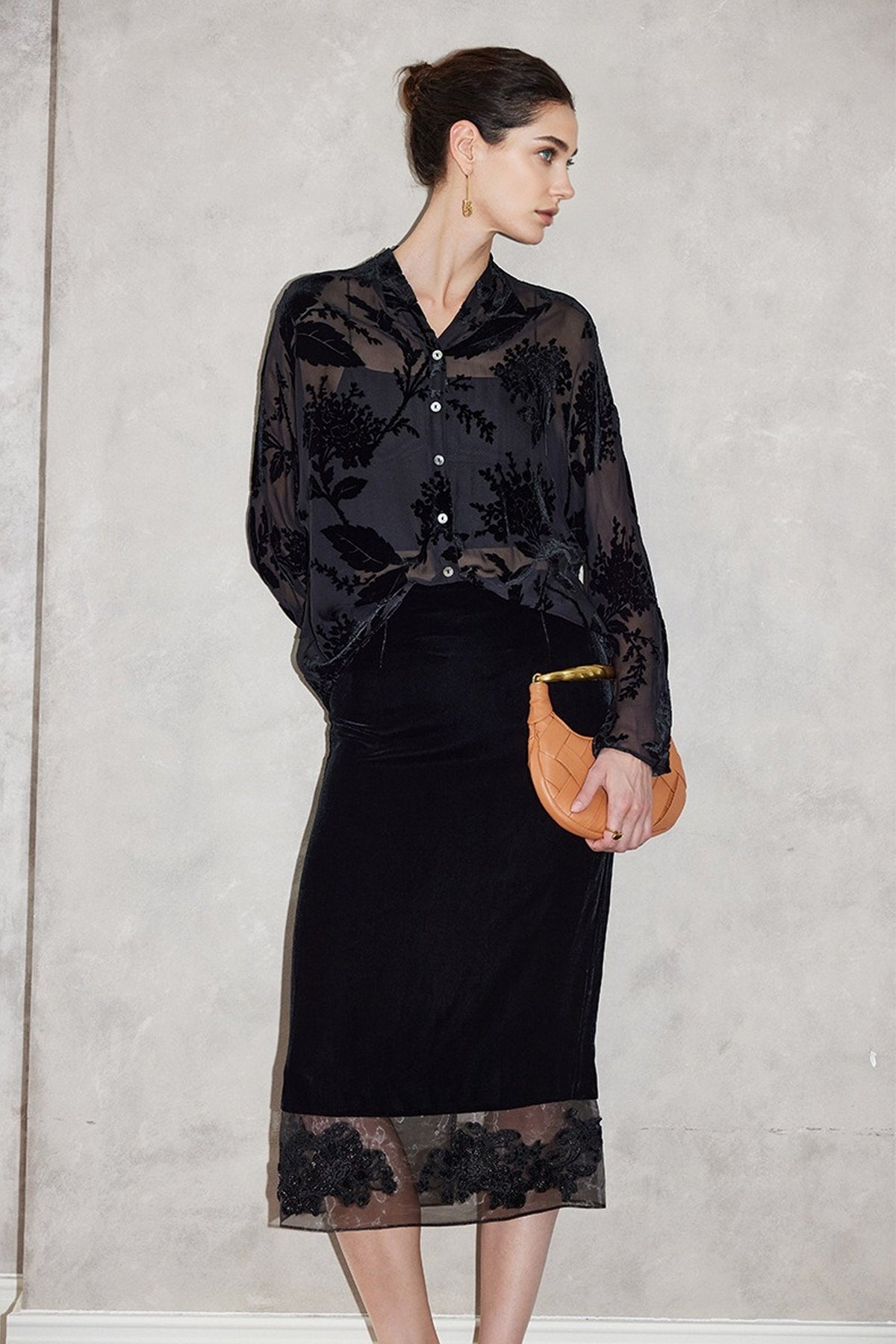 100% Sheer Silk Floral Burnout Velvet Button-Up Blouse