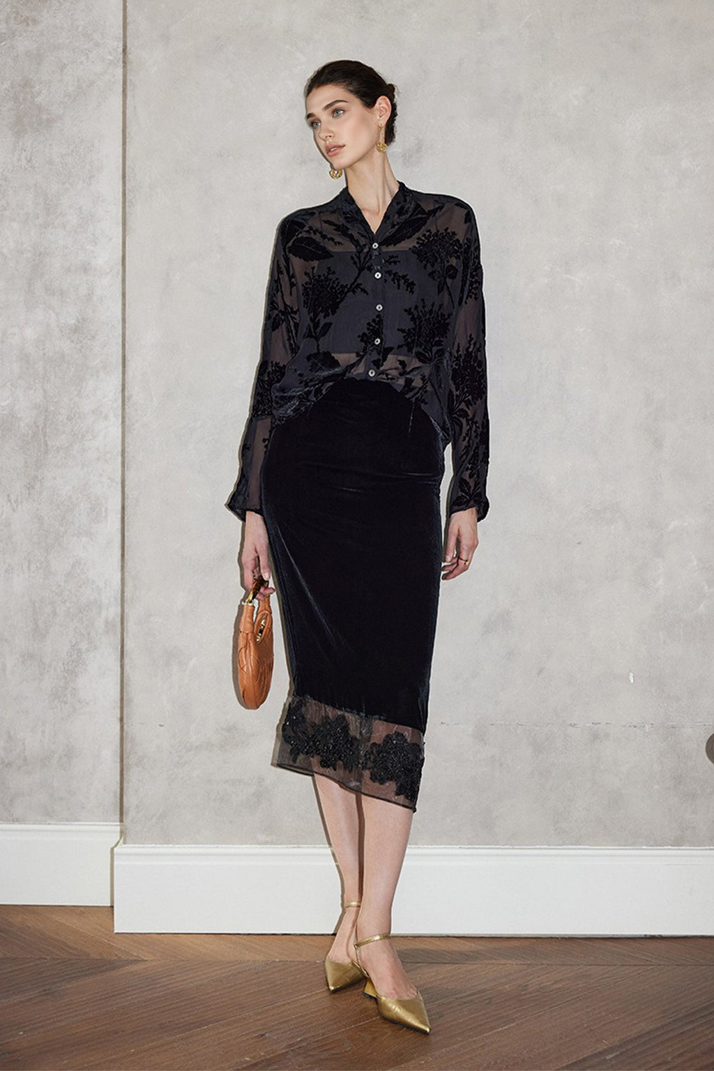 100% Sheer Silk Floral Burnout Velvet Button-Up Blouse