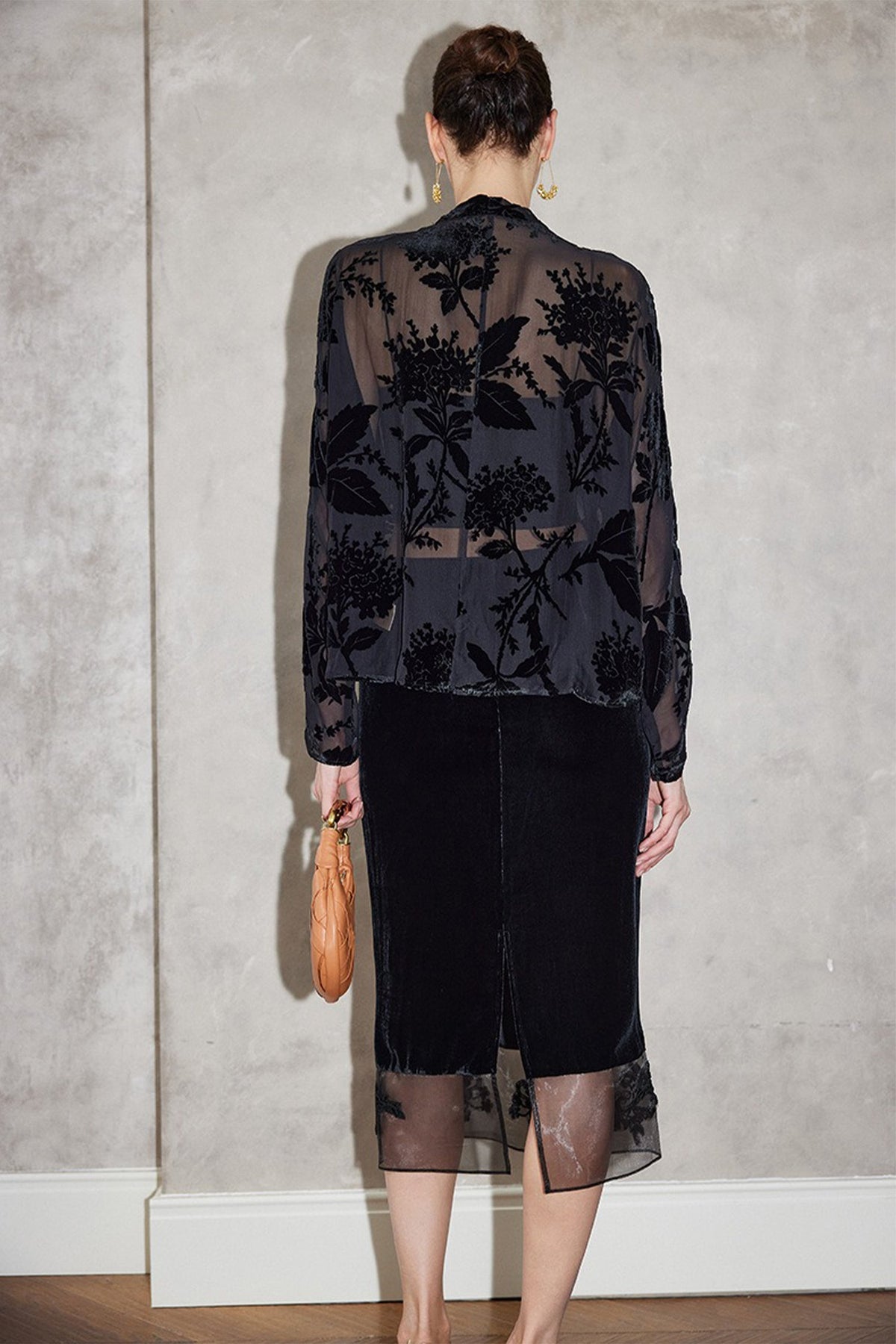 100% Sheer Silk Floral Burnout Velvet Button-Up Blouse